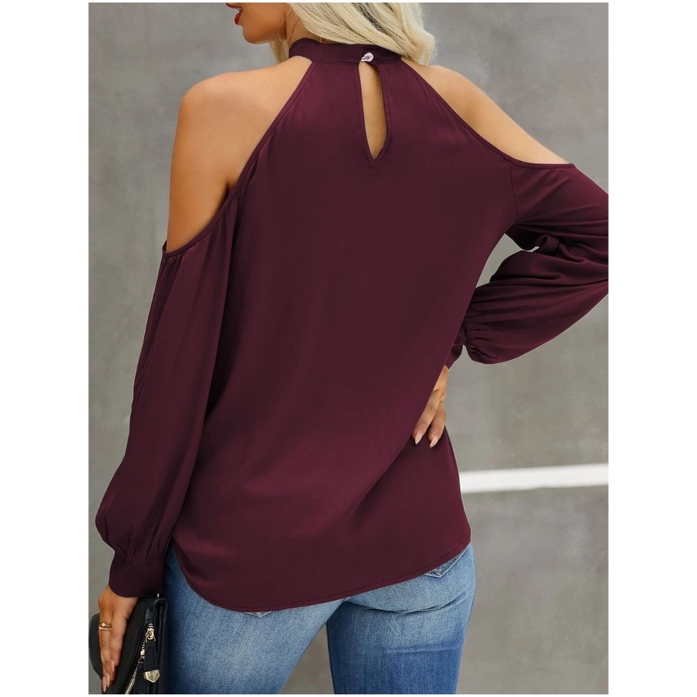 Boho Navy Blue Cut out Cold Shoulder Blouse - Picture 6 of 9